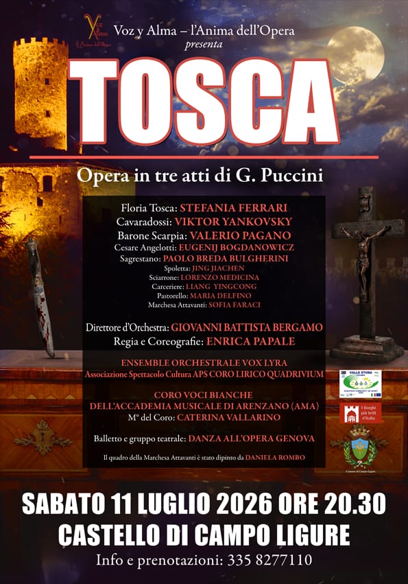 Questa sera al Castello di Campo Ligure arriva TOSCA di Giacomo Puccini — Genova